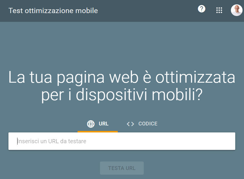 Pagina di apertura del test di ottimizzazione per dispositivi mobili