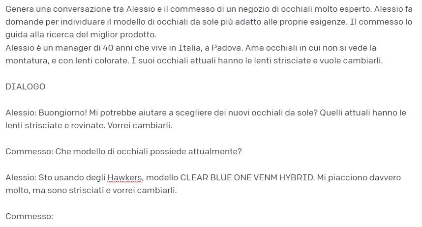 Prompt per ChatGPT che simula il dialogo tra chi vuole acquistare dei nuovi occhiali da sole e il commesso del negozio di ottica