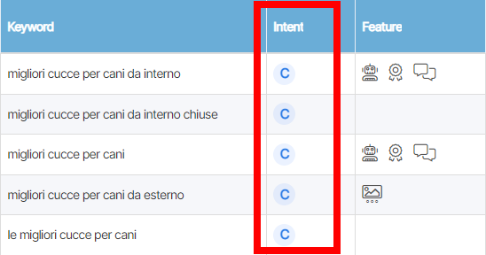 esempio di come SeoZoom può categorizzare le parole chiave per l'ambito di ricerca commerciale