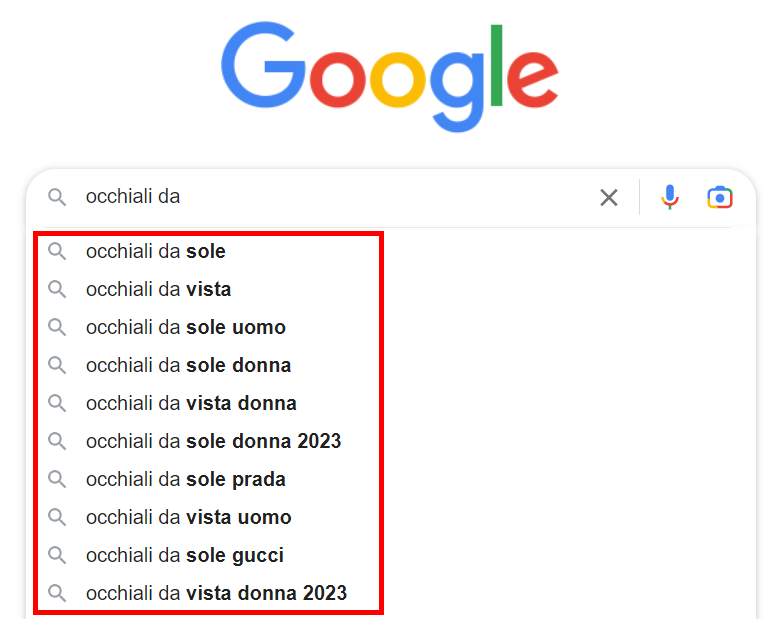 Immagine che indica come elenca google suggest le possibili query di ricerca nel box search