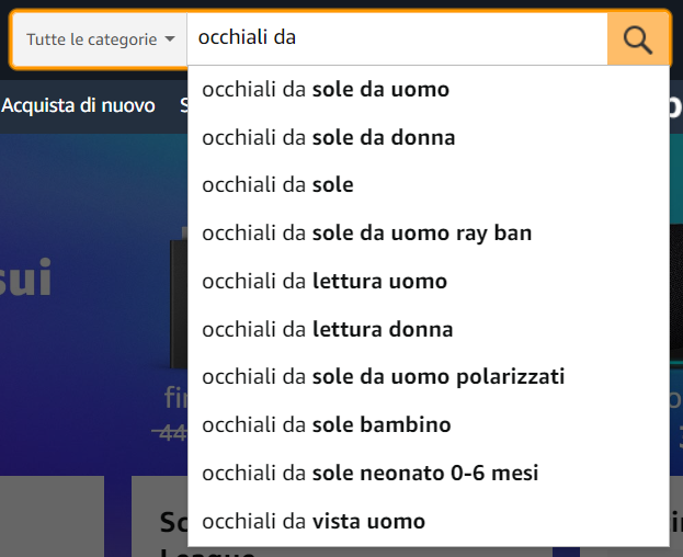 Lista di query di ricerca con intento transazionale così come presentato da Amazon nel suo box search